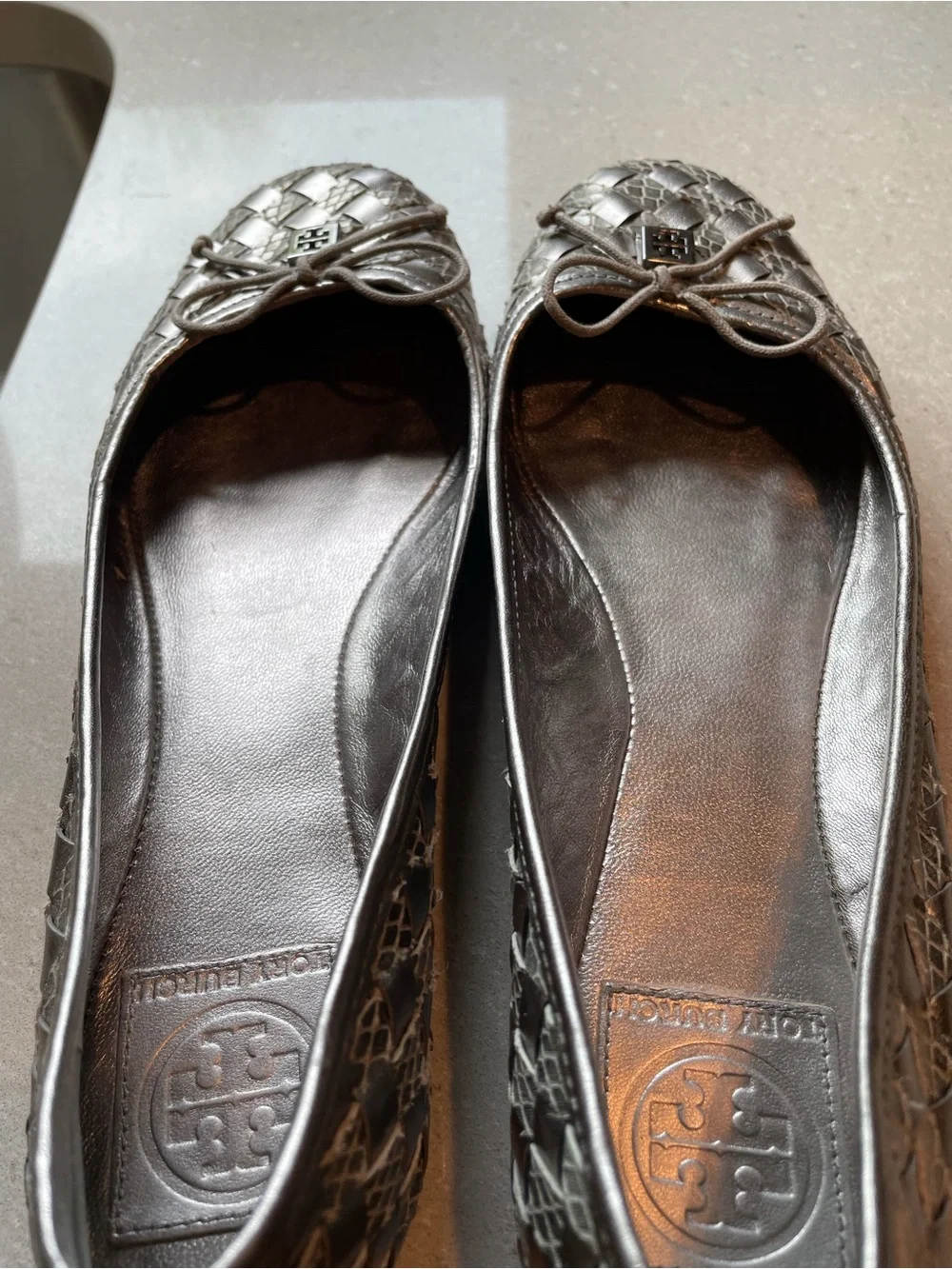 Tory Burch Silver Woven Leather Ballet Flats with Logo Charm